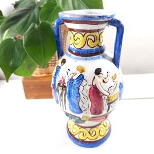 Italian Majolica Amphora Vase Hand Painted Classical Figures Made in Italy 8.25"